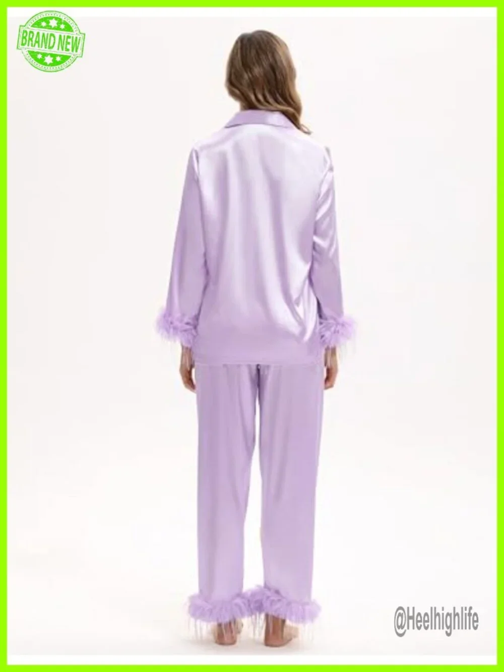 Satin Pajama Set with Feather Trim, Long Sleeve, Sleep Mask & Scrunchies